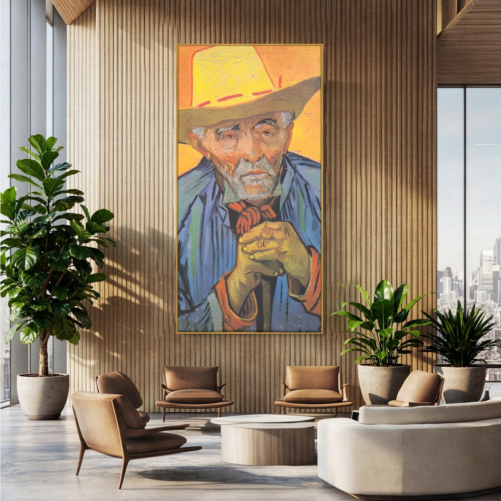 Tablou canvas cu tablou canvas cu portretul unui batran cu palarie, in rama de aluminiu auriu, pe perete intr-un birou